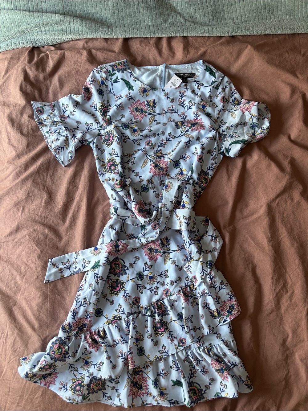 Light Blue Floral Tie-Waist Dress Banana Republic Size 2 Tall